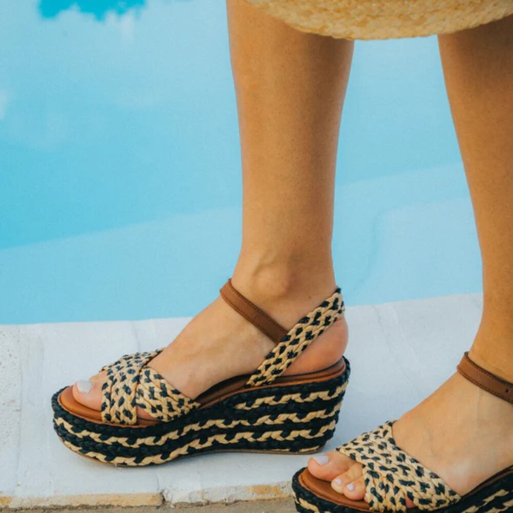 Le Mogador Costas Wedges Women's Braided Sandals - Black and Nude